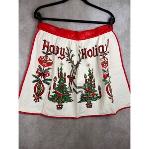 ILGWU Vintage 70s Christmas Half Apron Womens OS White Red Reindeer Terry Cloth
